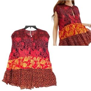 Free People Gotta Have You Tunic Cap Sleeve Flowy Red Orange Tiered Top Size XS